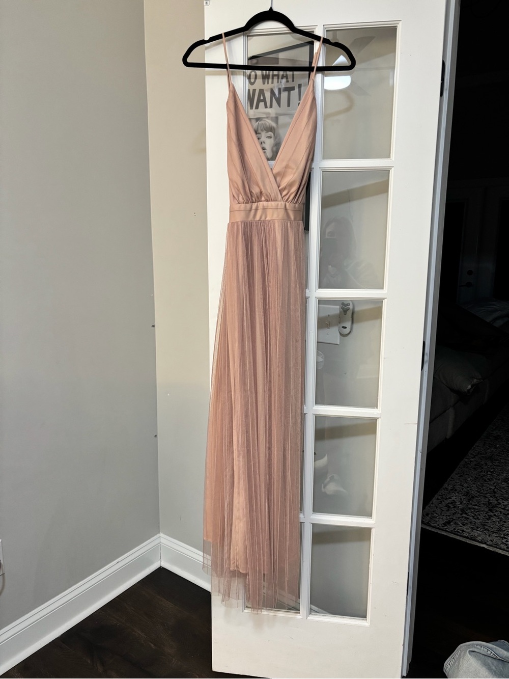 Elegant Blush Pink Tulle Maxi Dress with V-Neck